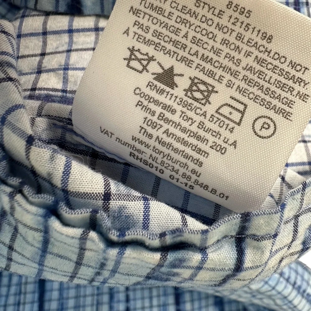 Tory Burch Popover Blouse Size 2 Blue Grid Ikat Print Coastal Prep Barrel Cuffs